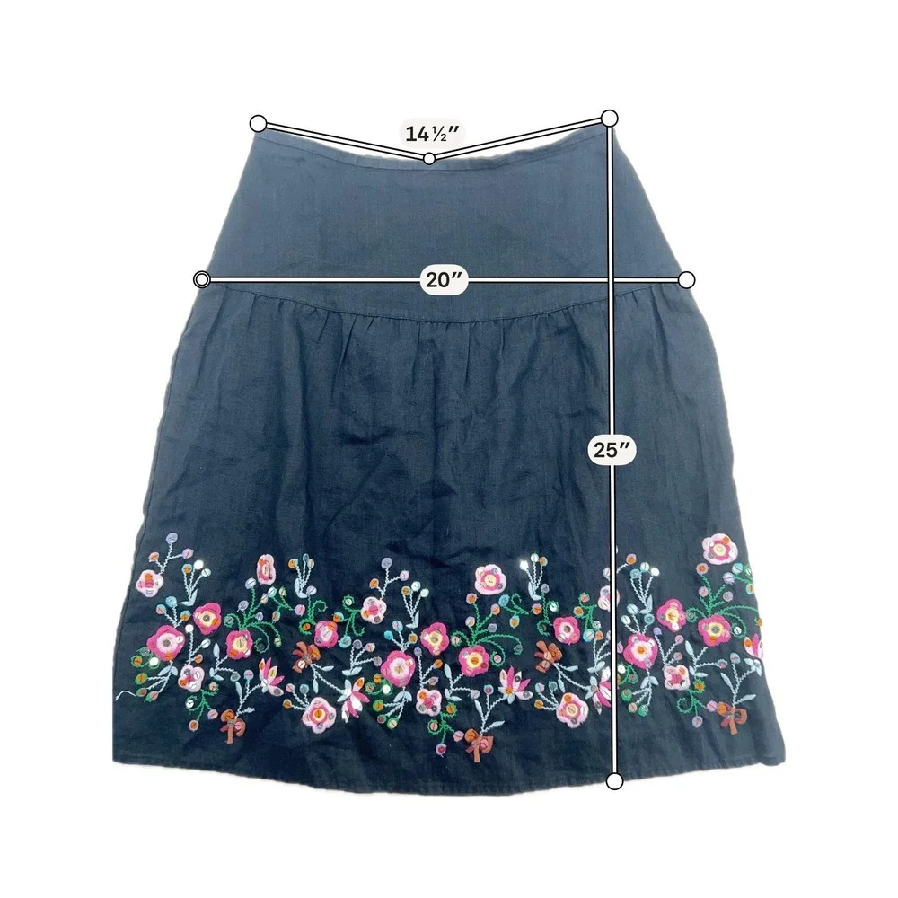Carole Little Linen Skirt Wms 8 Black Floral‎ Embroidered Sequin A-Line Boho Y2K